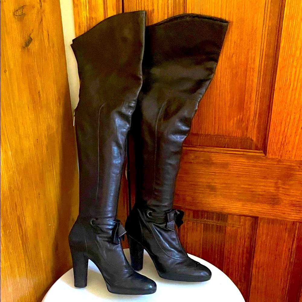 DKNY OTK Over the Knee Black Leather Boots Platform Y2K Victorian Bows 9 RARE! - Picture 9 of 11